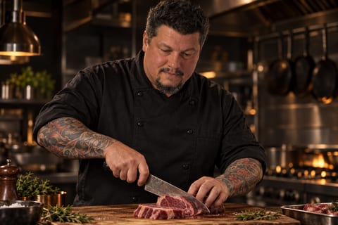 Harley Tanner in chef whites, working a knife in a professional kitchen